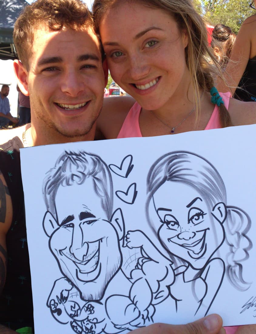 Couple with a playful caricature and heart doodles